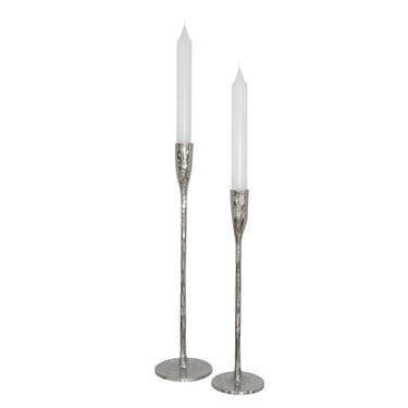 Set of 2 silver metal candlesticks with high-shine finish, round stable bases, and slim profiles.