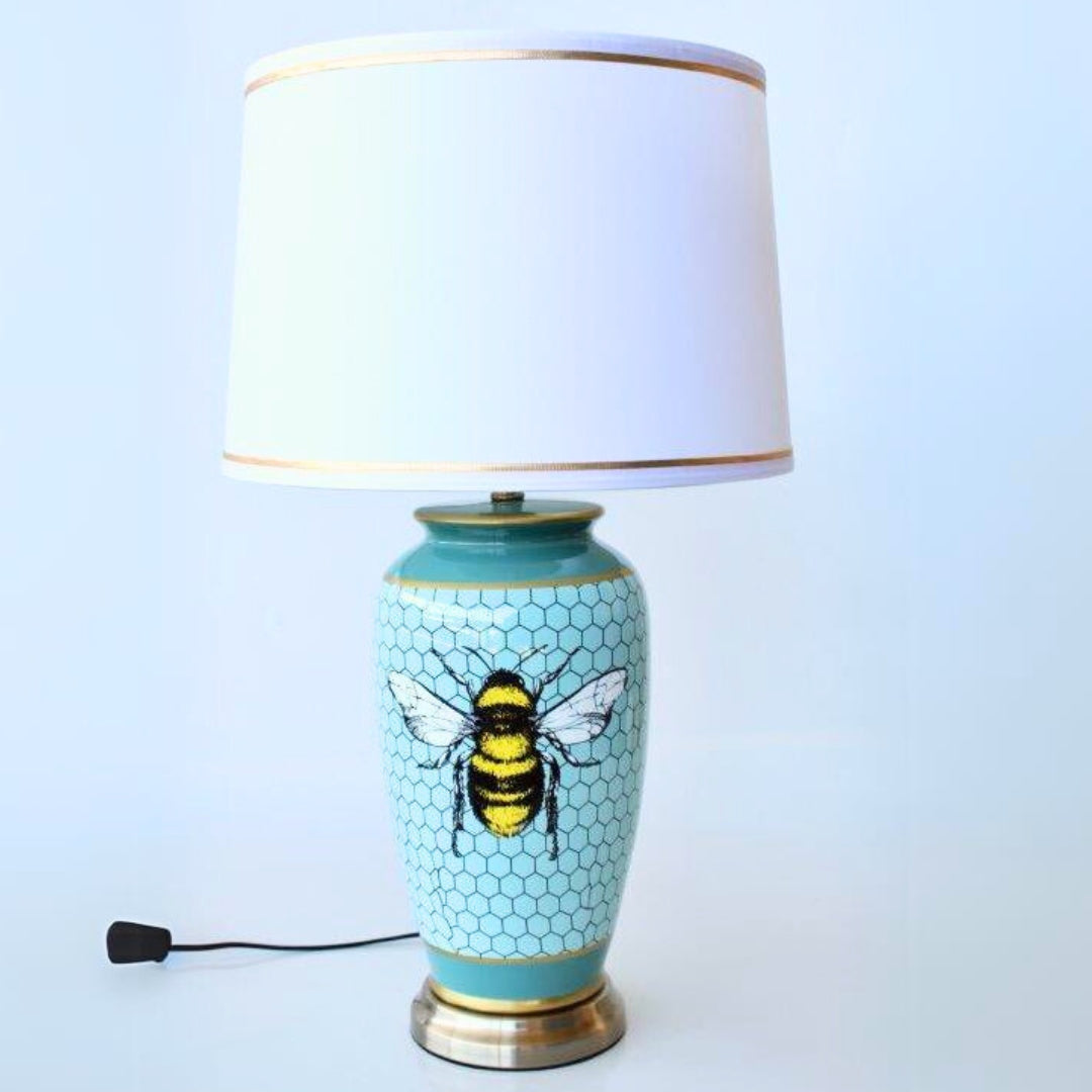 Blue Ceramic Lamp With Honeycomb Bee Design - Woodka Interiors