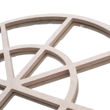 Wood-framed arched mirror in natural birch finish with grid-style window detailing