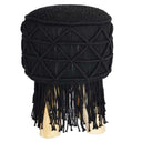 Black macrame footstool with woven cotton top and wooden legs