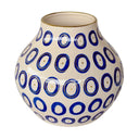 Decorative blue vase featuring gold detailing and elegant circular design.