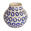Blue ceramic vase with gold circle accents and gold-trimmed rim for home decor.