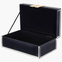 Navy blue jewellery box with gold clasp and soft fabric finish