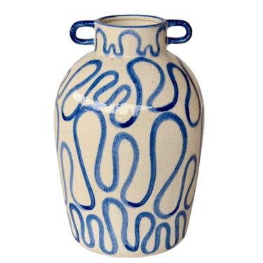Side angle of Blue Squiggle Ceramic Vase showing hand-painted blue design and dual handles