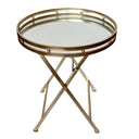 Side angle of folding butlers tray showing soft metallic frame and raised mirrored top