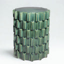 Elegant Celadon Ceramic Side Table with sculptural cylindrical design and textured block pattern styled