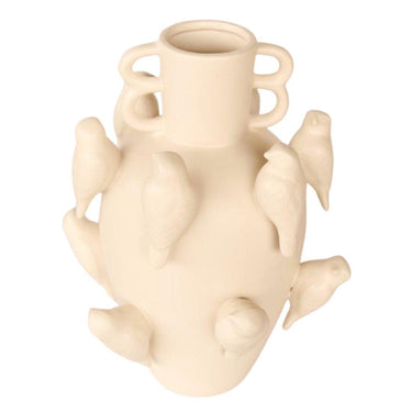 Ceramic vase with bird details and decorative looped handles