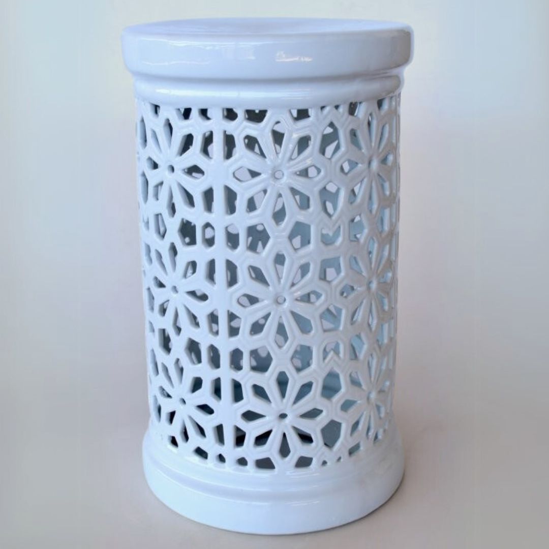 Glossy ceramic plant stand with elegant cut-out details