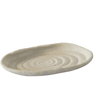 Oval tray features a subtle scalloped edge and a white matte finish.