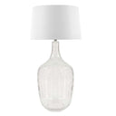 Crackle glass table lamp with a textured clear glass base and white fabric shade.