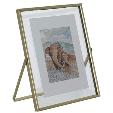 Elegant tabletop glass frame with a gold metal frame