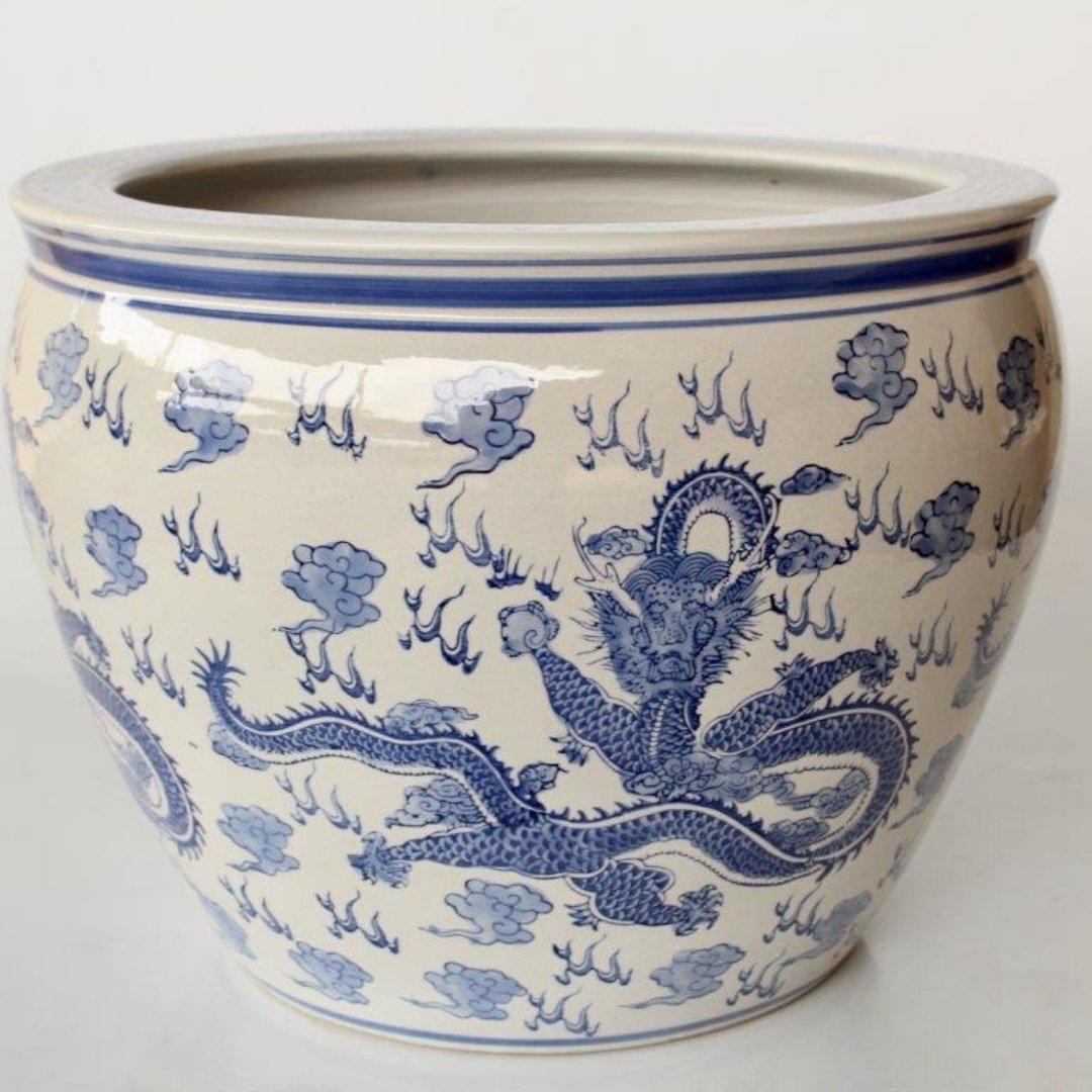 Blue and white Dragon Ceramic Planter with Asian-inspired design.