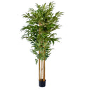 Tall faux bamboo plant with green leaves and natural-look bamboo trunk in black pot.