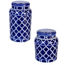 Decorative blue and white ceramic jar with lid for storage and display.