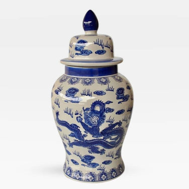 Blue and white decorative ginger jar with a dragon motif design