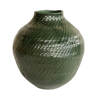 Green Weave Ceramic Vase with basket-inspired texture and dark green gloss finish