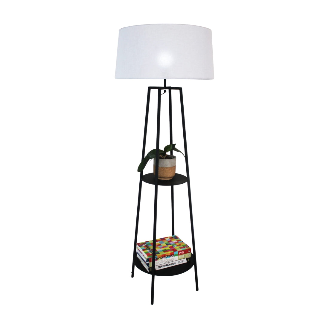 Hybrid Metal Floor Lamp with two-tiered table and faux linen shade.
Stylish standing lamp with metal base and elegant tapered lampshade