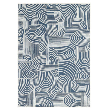 kinky area rug in geometric pattern in blue