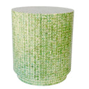 Lime green capiz stool with hand-applied mosaic finish, used as a vibrant accent table or seat.