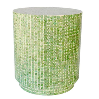 Lime green capiz stool with hand-applied mosaic finish, used as a vibrant accent table or seat.