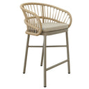 counter-height bar stool with aluminium frame, rattan seat, and grey cushion.