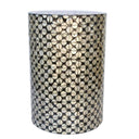 Front view of Lumina accent table with mother-of-pearl finish and round top