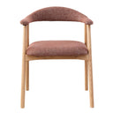 An Oak dining chair with a cushioned seat and solid oak legs, upholstered in a paprika-colored fabric.