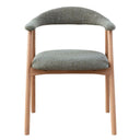 A dining chair with a cushioned seat and backrest, upholstered in matcha green fabric, supported by solid oak legs.