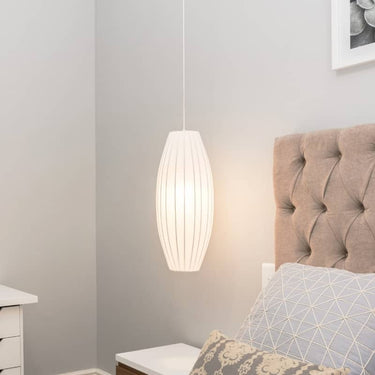 White fabric pendant light with curved shade – soft ambient ceiling lighting for bedrooms or living room
