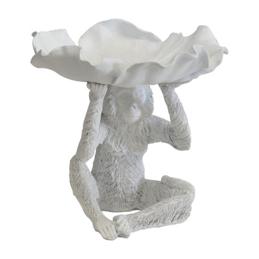 Petal White Monkey Display Bowl with detailed sitting monkey and unique petal-shaped bowl, a stunning white decorative accent.