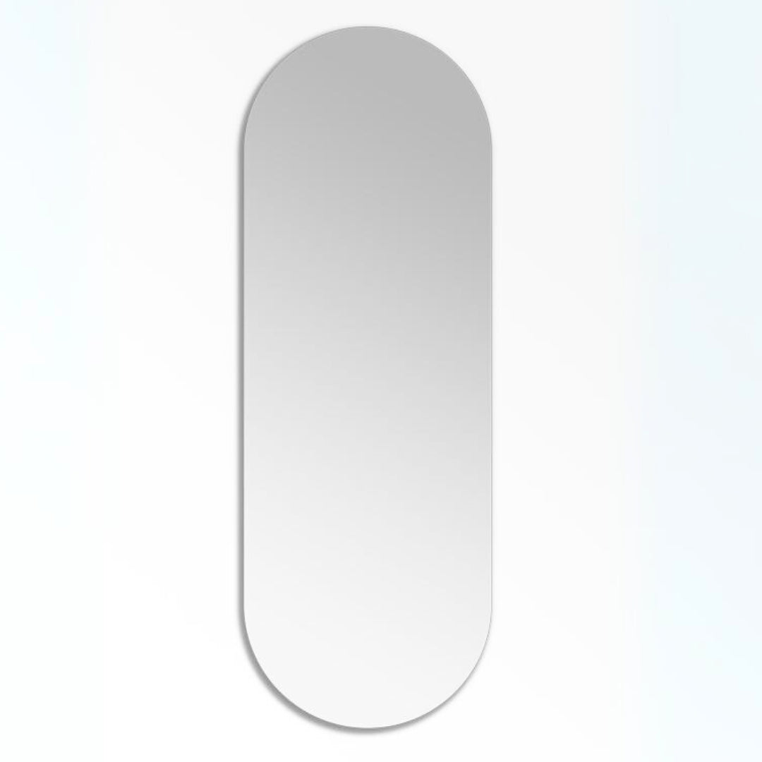 frameless mirror with pod shape and natural wood backing