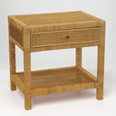 Stylish bedside nightstand with natural woven rattan.