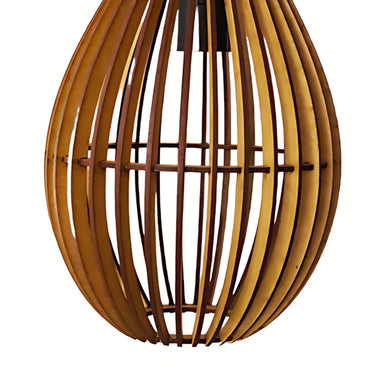 wooden pendant light with natural wood slats and bottle-shaped frame
