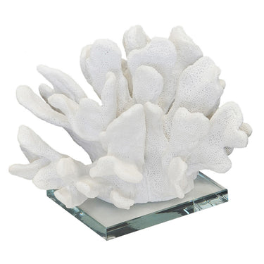 White coral decor sculpture on glass stand, coastal accent for shelves or tables