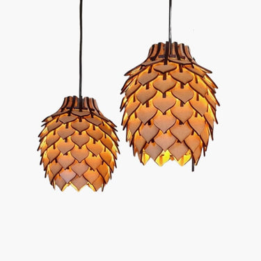 Boho wood pendant light casting warm glow in living space.