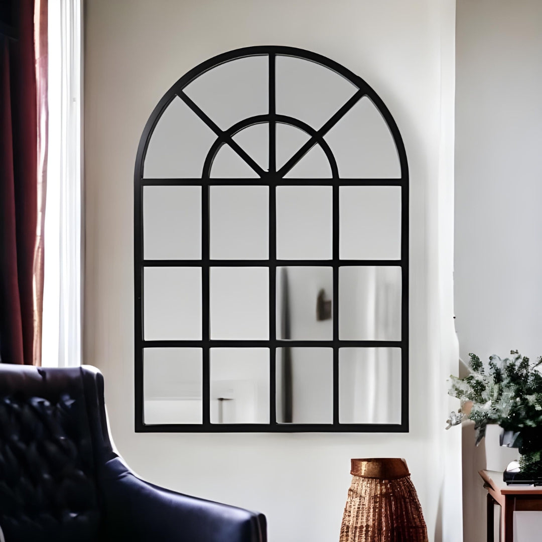 Classic black arched window pane mirror in living room