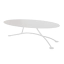 An oval coffee table with white mild steel construction, featuring a sleek, contemporary design.