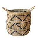 Organic-shaped woven baskets with a black zigzag pattern.