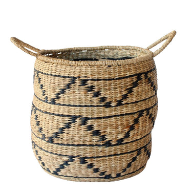 Organic-shaped woven baskets with a black zigzag pattern.