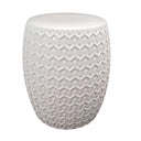 White ceramic garden stool in traditional barrel shape