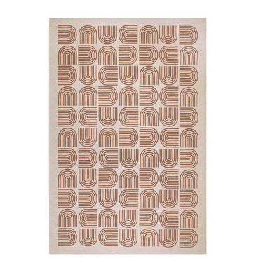 Area rug in Penny shown flat with warm, earthy tones and an abstract, curved design