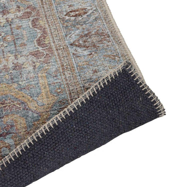 Close-up of distressed hallway runner with intricate pattern