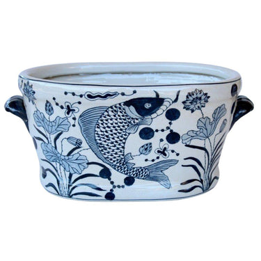 aura Ceramic oval planter with blue koi fish design and side handles