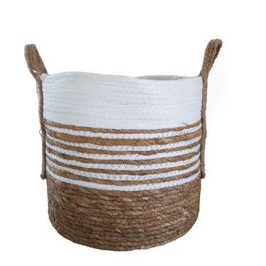 white and natural striped woven basket