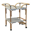 Two-tiered rattan serving cart with woven top and bottom shelves