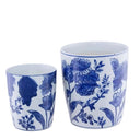 Two ceramic planter pots with a blue floral pattern.