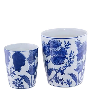 Two ceramic planter pots with a blue floral pattern.