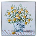 Blue and white vase with lemons wall art featuring hand-finished painted texture