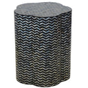 Front view of black and silver mother of pearl side table with modern design