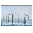 Coastal Gathering wall art with dock pilings and seagulls